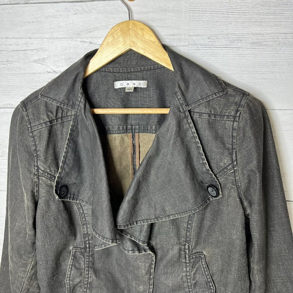Cabi Jacket Womens Size Medium Black Faded Waxed 100% Linen Cropped Ruffle - Picture 8 of 16